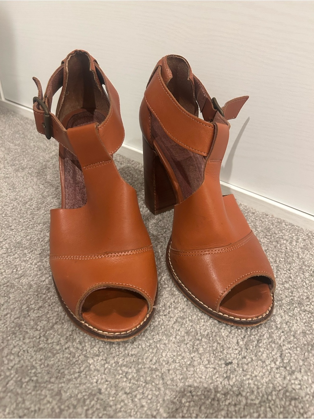 OFFICE LONDON Tan Leather Peep-Toe Block Heel Sandals